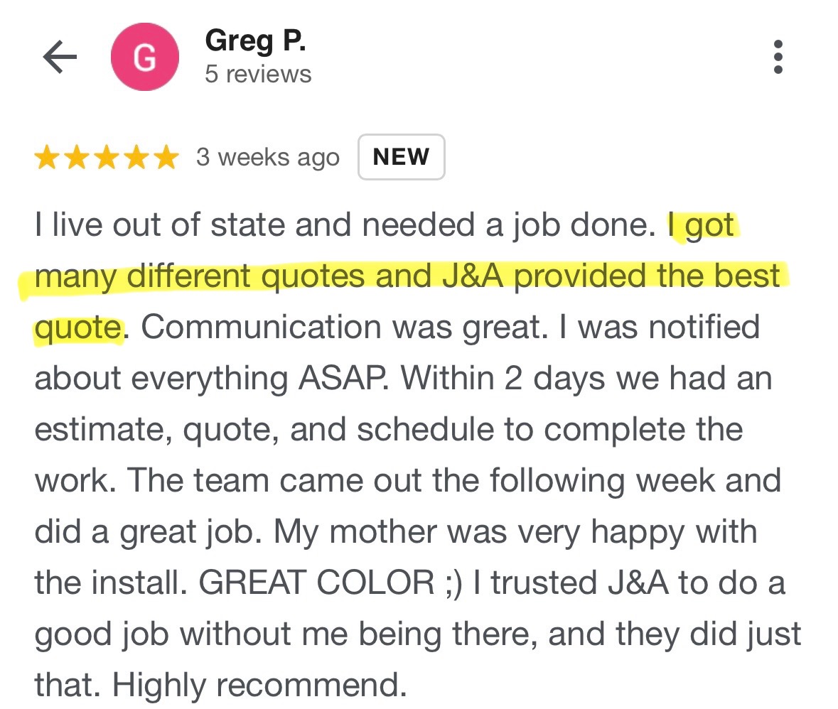 Review on Google from J&A Exterior Seamless Gutters Customer