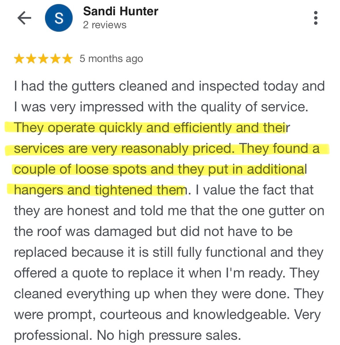 Google review from J&A Exterior Seamless Gutters