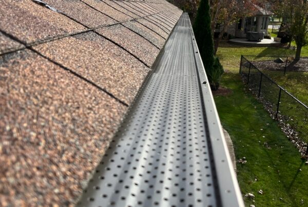 brown roof with silver gutter guards