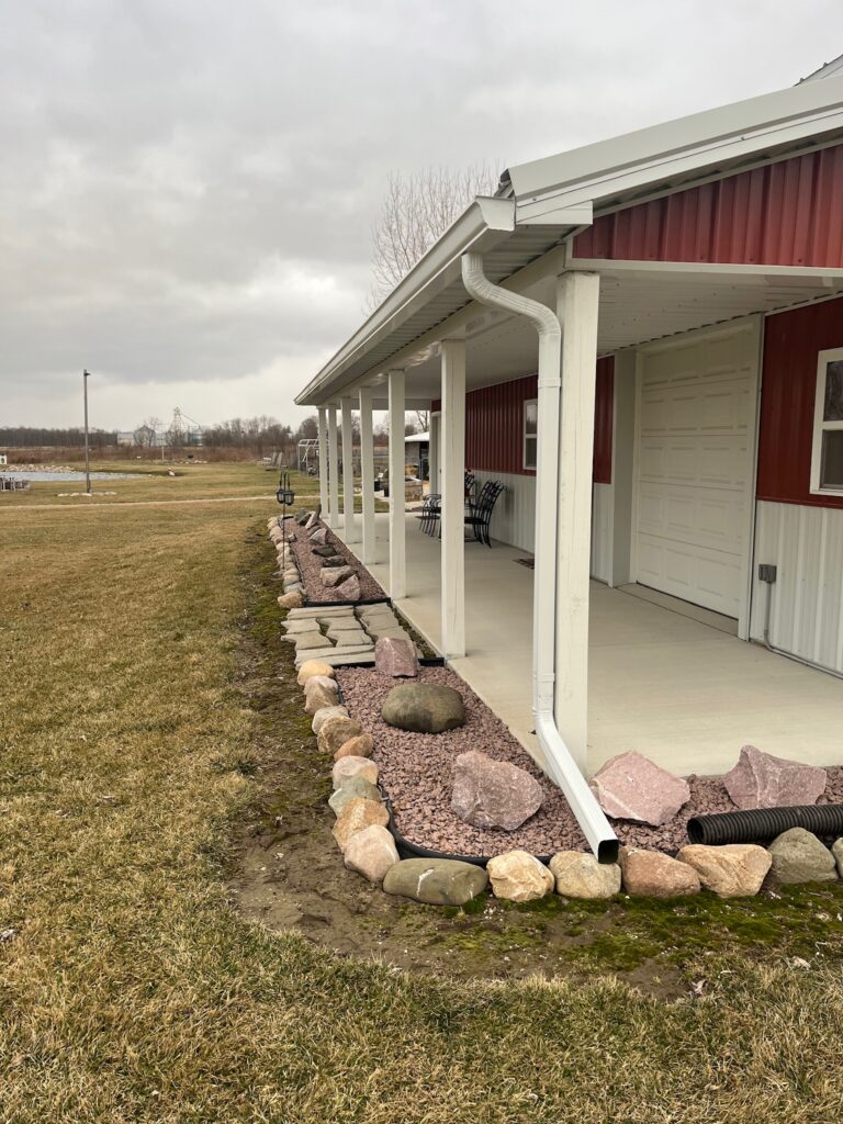 red garage/barn with white accents