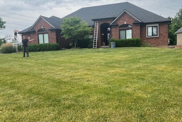 brown brick home with black roof